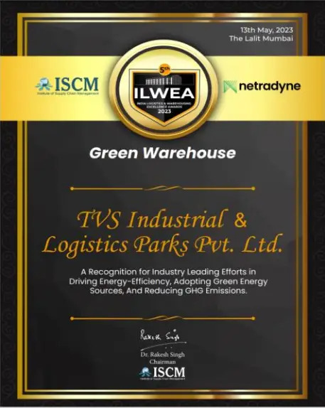 TVS Industrial & Logistics Parks (TVS ILP), a known name in the warehousing and logistics industry, has won the Best Green Warehouse Award.